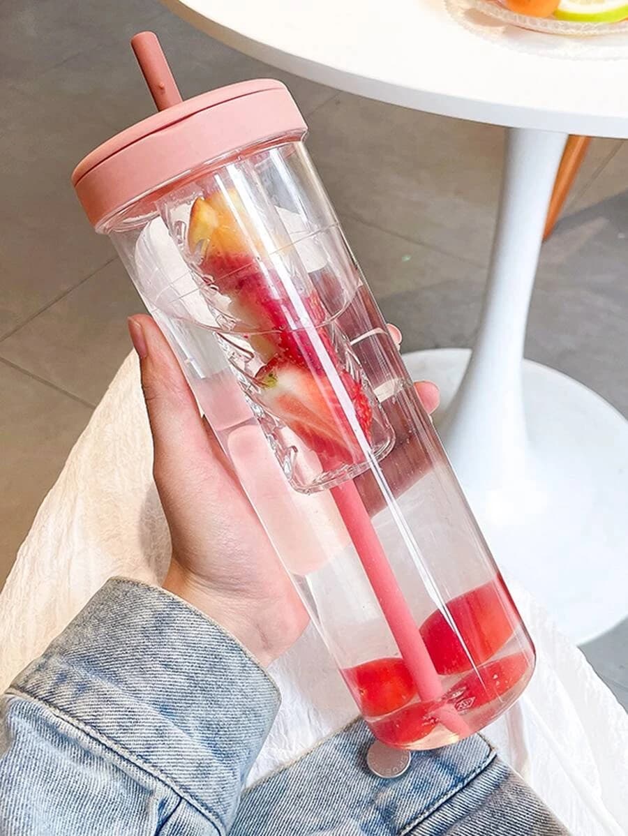 ขวดน้ำ 1 ชิ้น 750ml แบบพกพา พลาสติก แก้วเก็บความเย็น พร้อมหลอด ลายเรียบง่าย สีชมพู สำหรับ กลางแจ้ง  oo-226